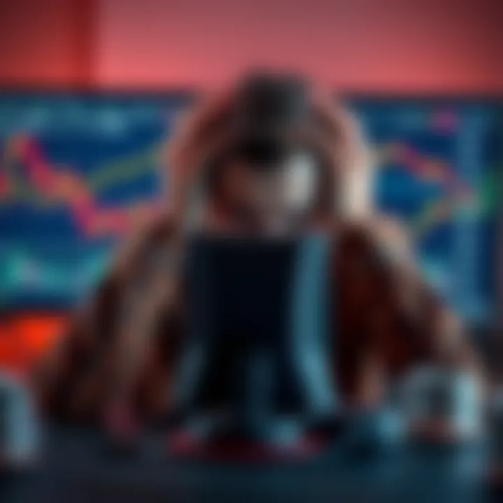 A person looking stressed while staring at a computer screen displaying Bitcoin charts, holding their head in their hands