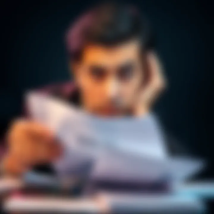 A concerned individual staring at bills and financial papers, reflecting anxiety over a recent $10,000 overbid situation.