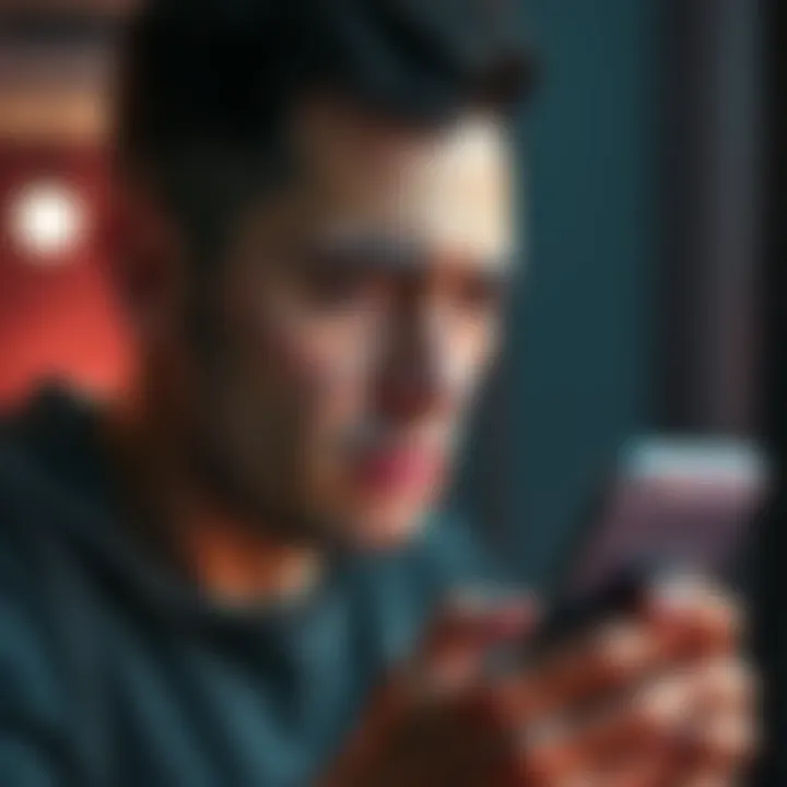 A concerned individual looking at their phone, feeling frustrated over a financial loss from an online scam on Facebook Marketplace.