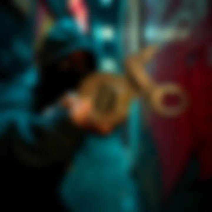 A person holding a Bitcoin symbol while being threatened with a wrench by an attacker in a dark alley.