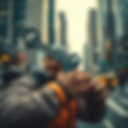 A person experiencing a wrench attack, representing the threat to Bitcoin and crypto owners in 2025, with a blurred city background to show urgency.