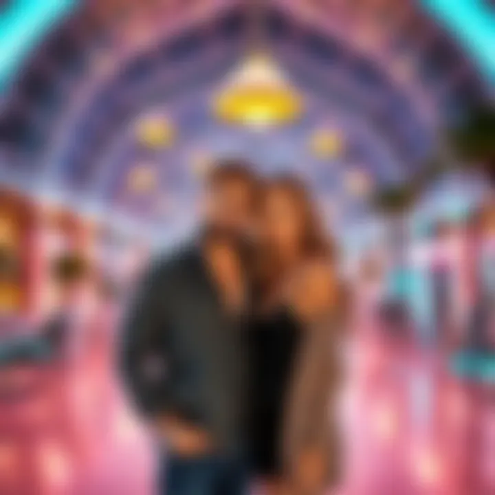 Wyatt and Chantel posing together in a glamorous location, looking happy but with a hint of uncertainty in their expressions, as if they are performing for cameras.