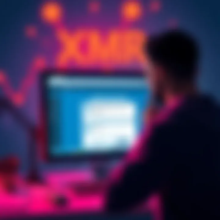 A frustrated user looks at a computer screen showing a swap page stuck on 'awaiting deposit' for Moneros.exchange, with XMR cryptocurrency graphics in the background.