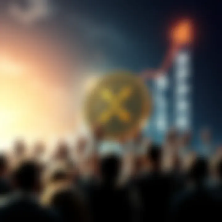 Visual representation of XRP coin increasing in value with a group of people showing support and belief, indicating the 100th monkey effect