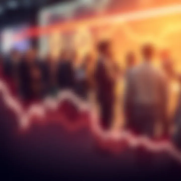 XRP Price Drop Illustration Graph showing a downward trend in XRP prices with people discussing cryptocurrency in the background