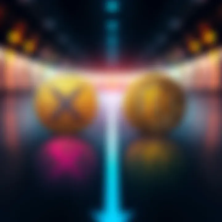 A visual representation showing XRP and Bitcoin symbols with upward and downward arrows, reflecting a decision-making process regarding cryptocurrency exchange.