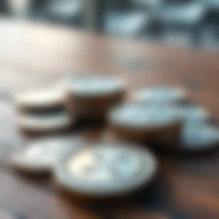 A close-up view of several XRP coins placed on a wooden table, symbolizing investment potential for the future.