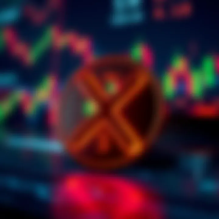 A close-up of the XRP cryptocurrency symbol with a digital financial background, suggesting market movements and investor interest