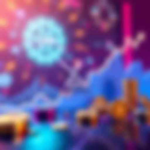 A graph showing XRP price trends with upward movement, surrounded by symbols of cryptocurrencies