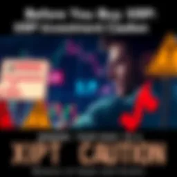 A person looking at a chart displaying XRP trends with a concerned expression, surrounded by warning signs about scams and hype, representing a cautious investment approach.