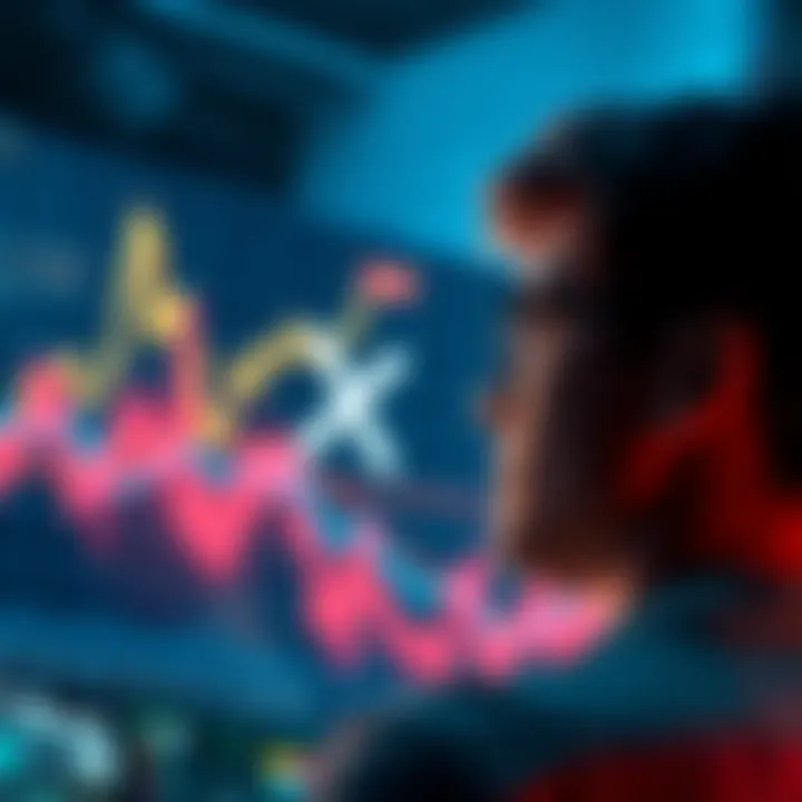 A person looking at a digital chart showing rising trends in cryptocurrency prices, with the XRP logo in the foreground.