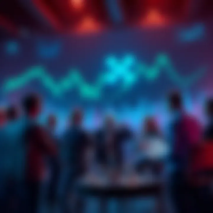 A group of people debating the value of XRP and Ripple cryptocurrency, with charts and graphs in the background