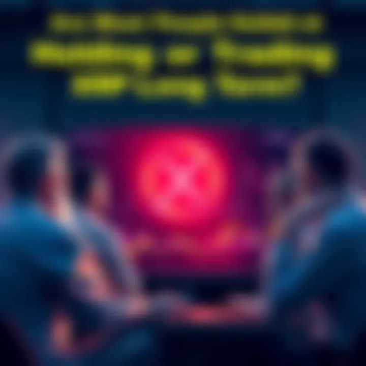 A group of people discussing whether to hold or trade XRP, with charts and graphs on a screen.