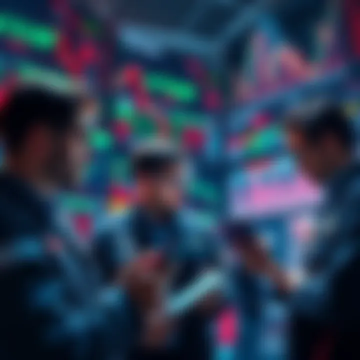 Traders discussing XRP market movements with charts and devices, showing concern and anticipation.