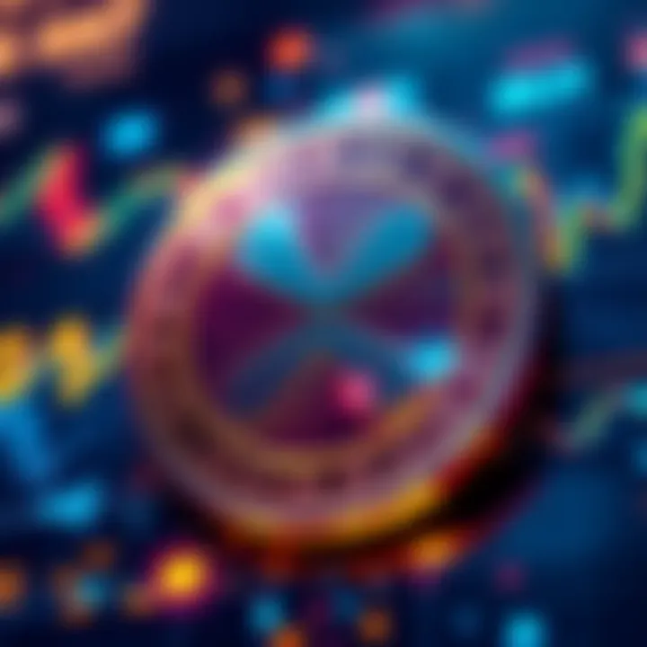 A close-up of the XRP coin symbol prominently displayed, surrounded by digital graphics representing the crypto market.