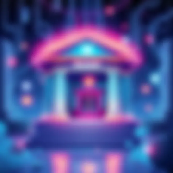 An illustration showing a bank interacting with blockchain technology, representing XRPL's Permissioned Domains initiative to connect traditional finance and blockchain compliance.