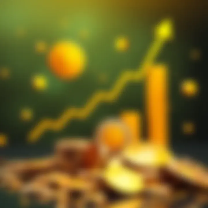 Illustration showing a bullish trend for Yellow cryptocurrency, with coins and upward arrows symbolizing investment gains.