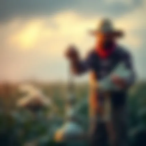 A farmer weighing tokens and cash rewards on a scale, symbolizing yield farming choices.