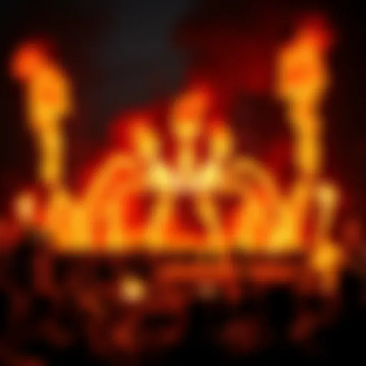 Yonatan's Fire Creation A large, vibrant fire sculpture created by Yonatan, surrounded by a captivated crowd watching the spectacle.