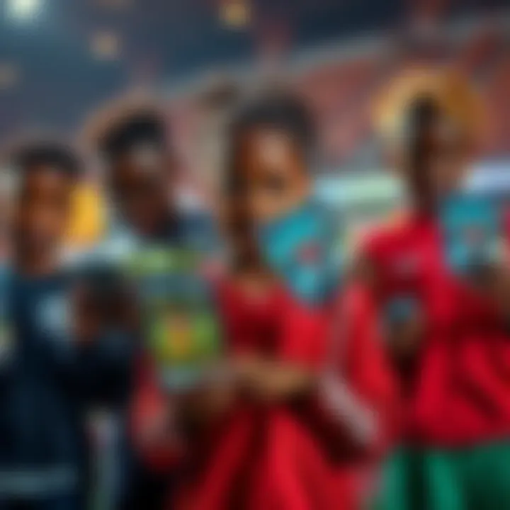 A group of diverse young athletes holding digital devices showcasing verified collectibles related to their sports journeys