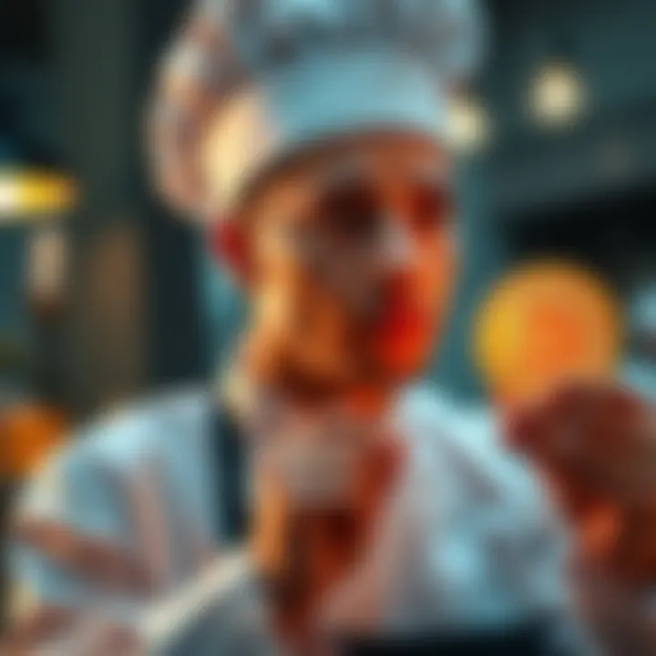 A young culinary instructor looks thoughtful while holding a Bitcoin symbol, reflecting on economic uncertainty and inflation.