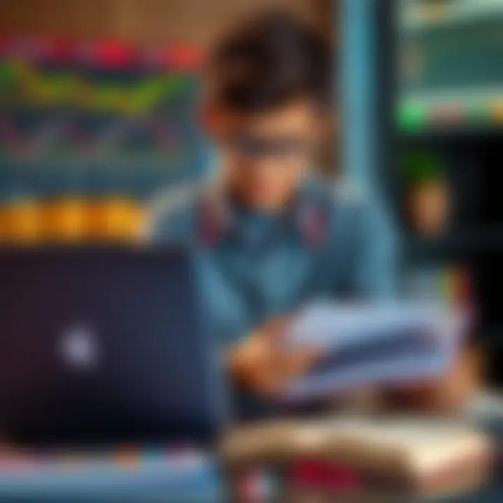 A teenager studying trading strategies with a laptop and books, focused on learning how to invest wisely.