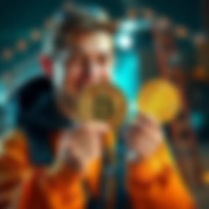 A young lineman smiling while holding a Bitcoin coin, celebrating his first purchase at 21 years old.