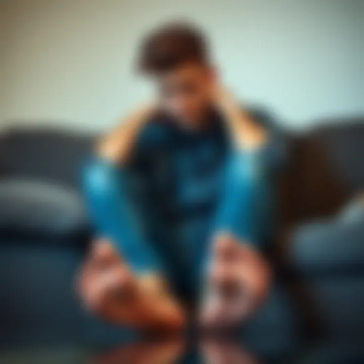 Young man showing his feet A young man sits on a couch, looking down at his feet with a thoughtful expression. He appears concerned about his appearance, reflecting on body image issues.