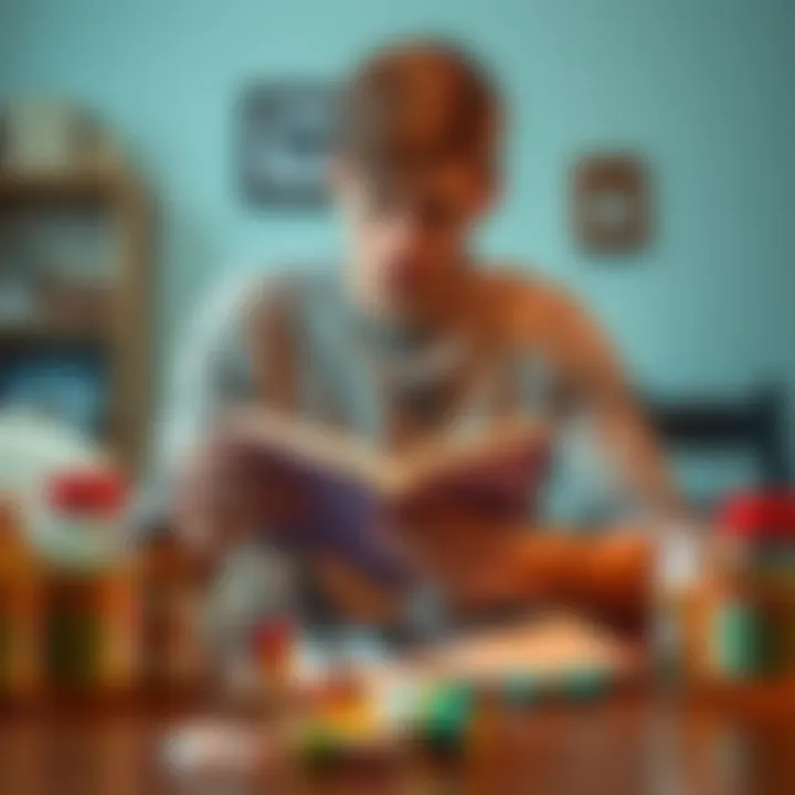 A 20-year-old man sits at a table surrounded by various medication bottles, looking thoughtful as he flips through a notebook, reflecting on his medication routine.