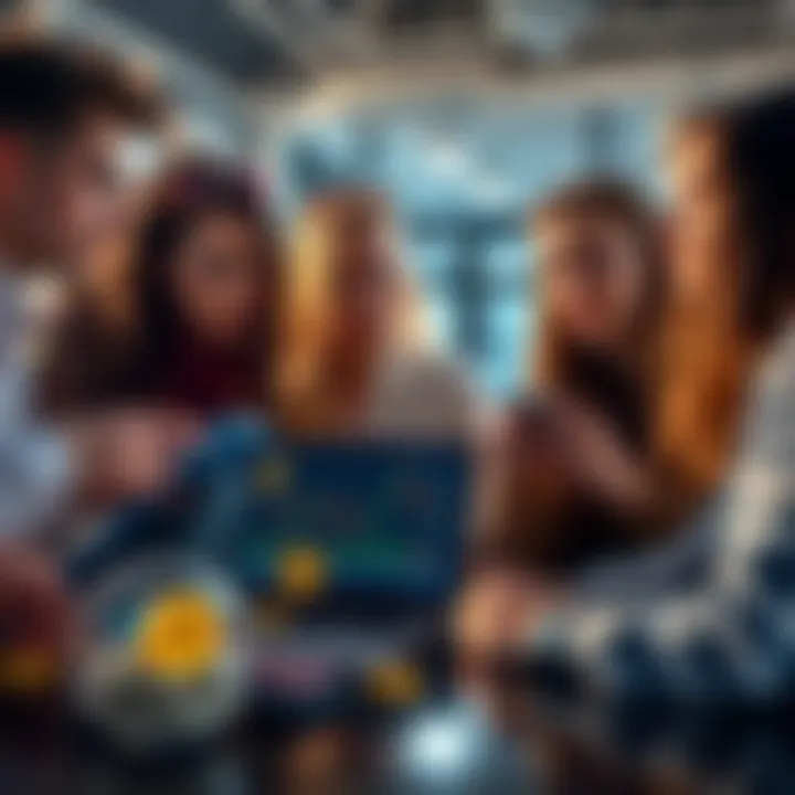 Young People Investing in Cryptocurrency A group of young individuals discussing cryptocurrency, with charts and digital coins on a laptop screen