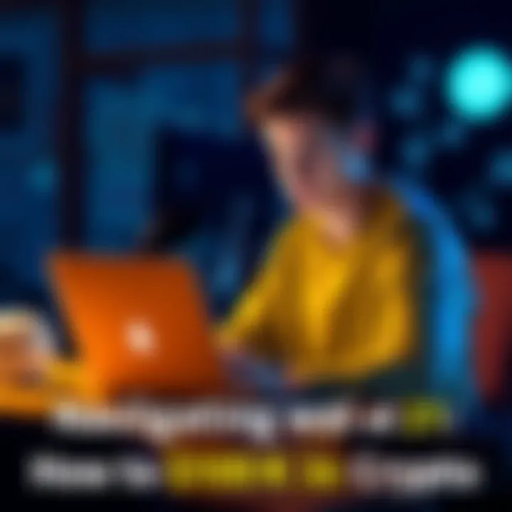 A 21-year-old sitting at a desk looking at a laptop and pondering financial choices related to cryptocurrency investments