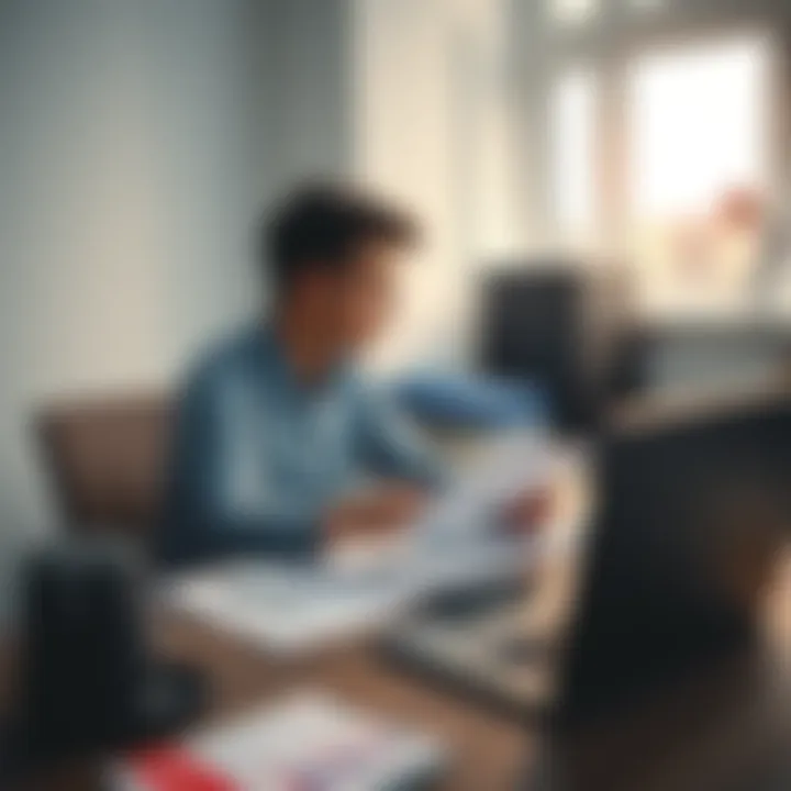 Young professional planning for retirement A young person sitting at a desk with financial documents, calculator, and a laptop, looking focused on retirement planning