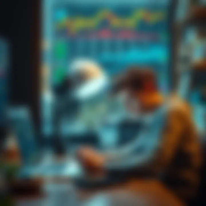 A 20-year-old man looking stressed while analyzing crypto charts on his laptop at a desk, with a phone nearby, symbolizing a search for support.