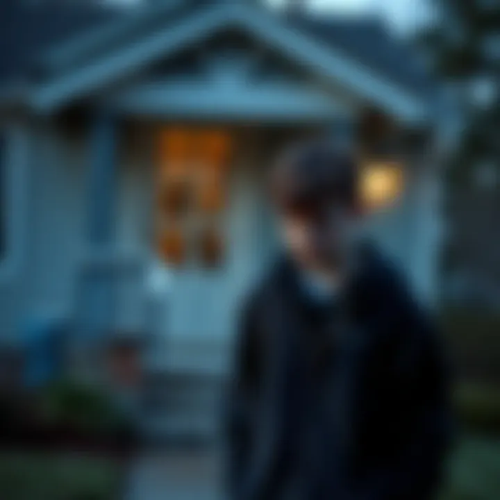 A young adult stands outside a house looking upset and lost after being kicked out by their parents.