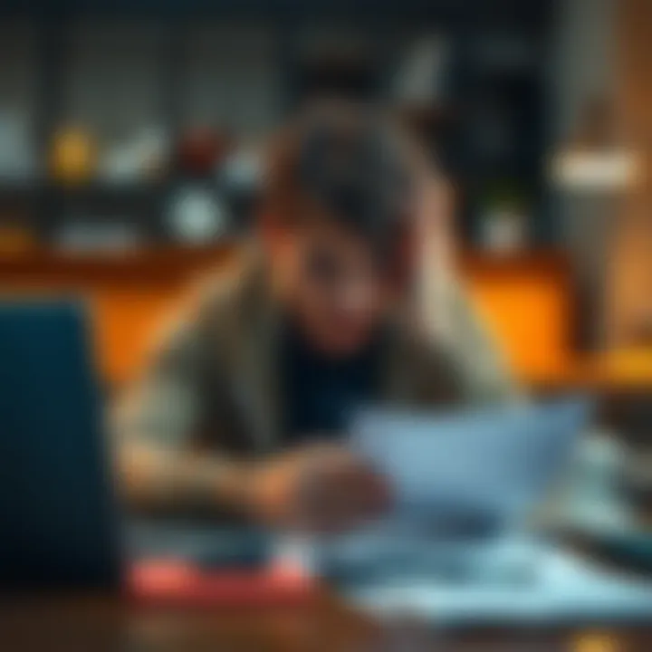 A young adult looking stressed while sorting through bills and papers at a table, with a laptop and coffee cup in the background.