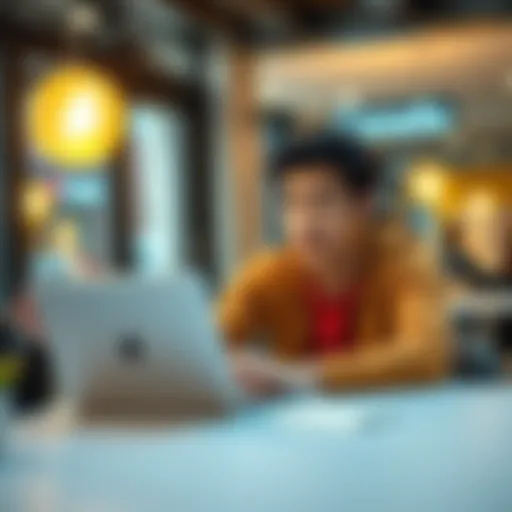 A 21-year-old Canadian sitting at a table with a laptop, reaching out to connect with others about cryptocurrency.