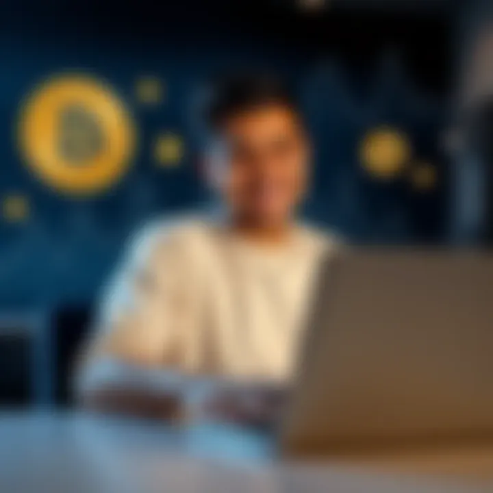 A young entrepreneur smiling while looking at his laptop, with Bitcoin graphics in the background symbolizing investment growth.