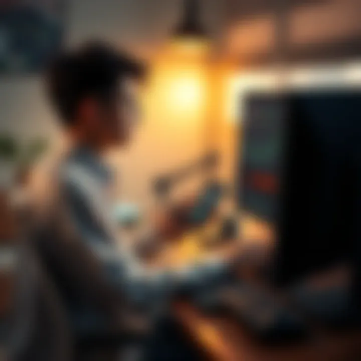 A fresh college graduate sitting at a desk, looking at a computer screen with graphs about SOL investments, holding a phone showing cryptocurrency prices.