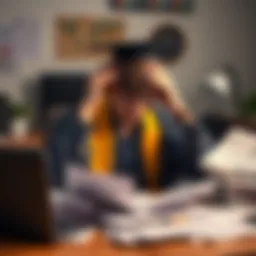 A young graduate sits at a desk surrounded by bills and loan documents, looking worried while holding their head in their hands.