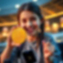 A 15-year-old girl smiling while holding a Bitcoin symbol, with a Trezor Model T device beside her. She looks excited about her first purchase in cryptocurrency.