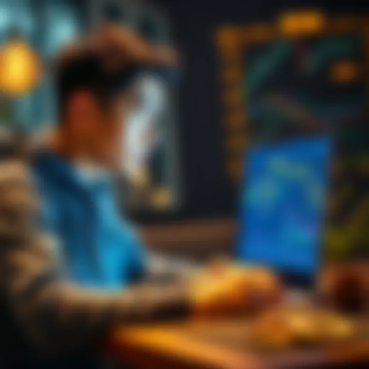 A young person looking at a laptop screen displaying Bitcoin charts and graphs, pondering investment decisions.
