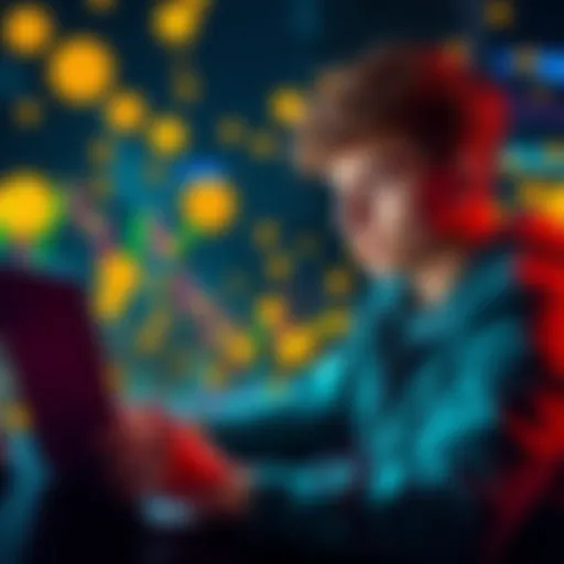 A young person looking at Bitcoin charts on a laptop, surrounded by cryptocurrency symbols