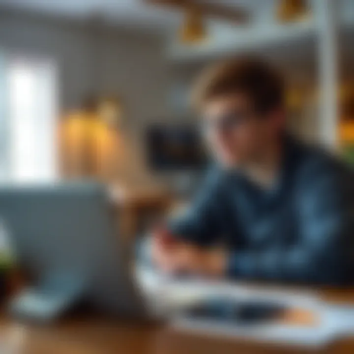 A 20-year-old man looking thoughtfully at a laptop, contemplating a loan for Bitcoin investment, with financial documents on the table