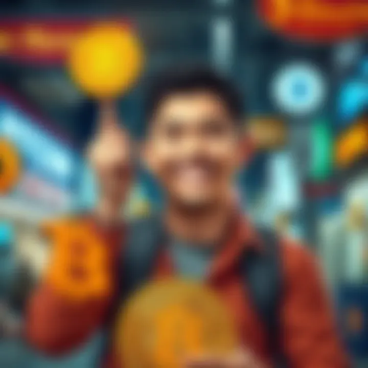 A young person proudly holding a Bitcoin symbol with a bright smile, surrounded by local merchant signs indicating support for Bitcoin spending.