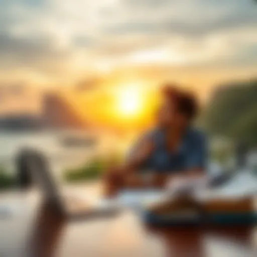 A 26-year-old investor reviewing his leanFIRE strategy while sitting at a table with papers and a laptop, looking towards a sunny view of Thailand.