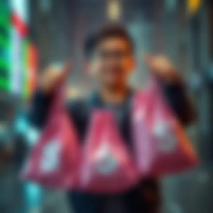 A young person confidently holding bags labeled with investment symbols, symbolizing courage in the face of market fluctuations.