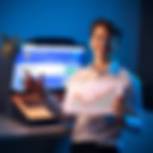 A 23-year-old investor stands proudly in front of a laptop displaying their Raiz account showing $50,000. They are smiling and holding a chart that represents steady investment growth.