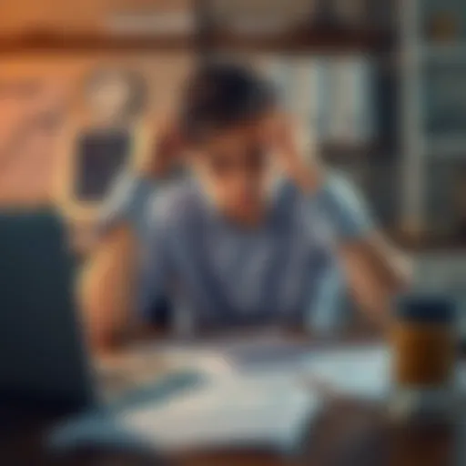 A young man sitting at a desk with a laptop, looking distressed while holding his head in his hands. Papers and cryptocurrency charts are scattered around, showing a sense of financial struggle.