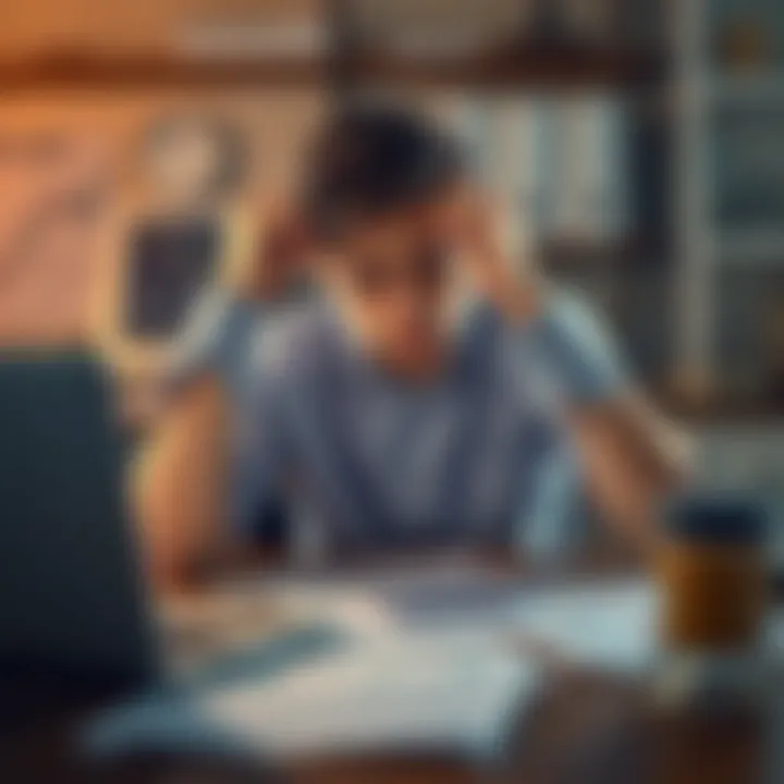 A young man sitting at a desk with a laptop, looking distressed while holding his head in his hands. Papers and cryptocurrency charts are scattered around, showing a sense of financial struggle.