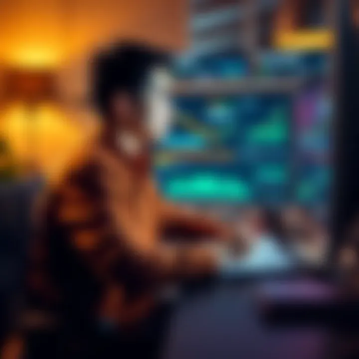 A 21-year-old sitting at a computer, looking at charts and news related to ETH tokens, with a notebook and pen beside them, focused on investment strategies.